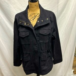 Heavy cotton, utility jacket, black, pockets, drawstring waist. Outdoor jacket